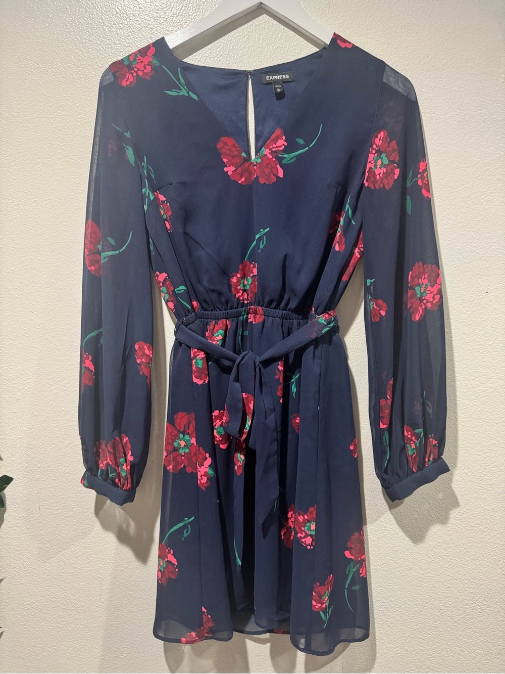 Express Navy Floral Long Sleeve Tie-Waist Mini Dress